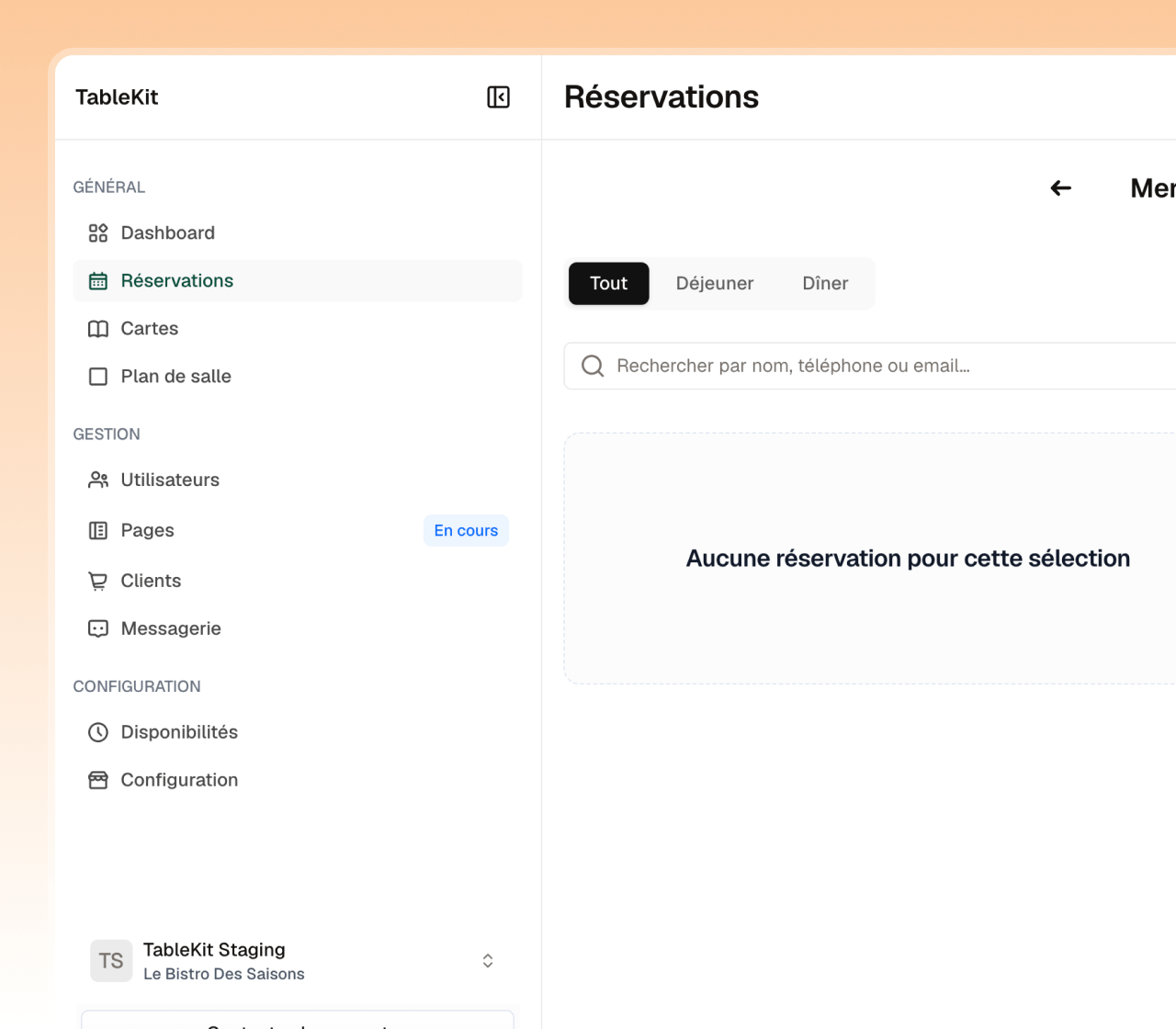 Aperçu de l’application web de gestion de réservations TableKit