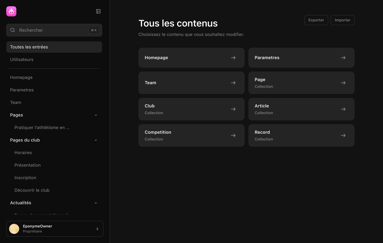 Tableau de bord du CMS Eponyme, développé sous Nuxt
